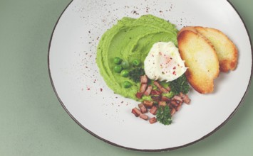 Mashed peas, with boiled egg, fried bacon, toast, baguette, breakfast, homemade, no people