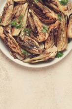 Baked, oven-baked fennel, with spices, in olive oil, homemade, no people