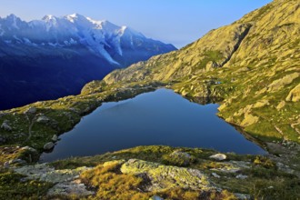 Mountain lake Lacs des Chéserys in the Aiguilles Rouges nature reserve, behind Mont Blanc massif,