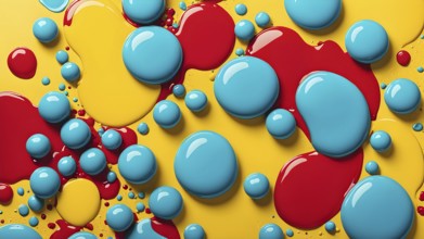 Abstract image with vibrant blue and red blobs and liquid shapes on a yellow background, AI