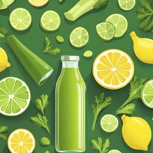 Abstract wallpaper composition with bottle of delicious green detox juice and fruits and