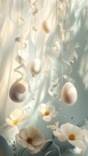 Surreal Easter scene with floating eggs, ribbons, and flowers in a dreamlike, whimsical composition