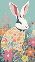 Abstract illustration of a bunny silhouette filled with a collage of spring flowers and vivid