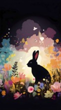 Abstract illustration of a bunny silhouette filled with a collage of spring flowers and vivid