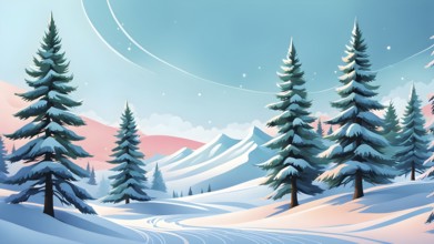 Abstract winter wonderland with minimalist stylized pine trees and snowdrifts using soft pastel