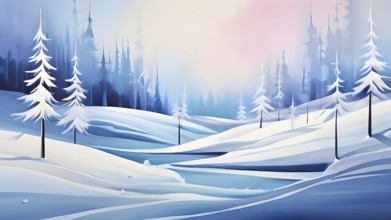 Abstract winter wonderland with minimalist stylized pine trees and snowdrifts using soft pastel