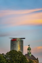 ERGO Versicherung building, tower of the Düsseldorf district government building, sunset, downhill