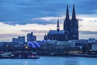 Skyline of Cologne, with the cathedral, Musical Dome theatre, on the Rhine, North Rhine-Westphalia,