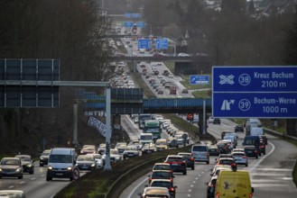 Motorway A40, Ruhrschnellweg, near Bochum, dense evening traffic, in front of the motorway junction