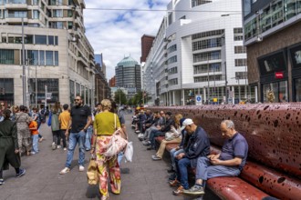 Grote Marktstraat, shopping street, long bench, pedestrian zone, in the city centre of The Hague,