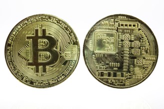 Bitcoin, cryptocurrency, symbol coin, optical placeholder for the digital currency, front and back,