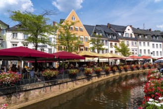 The town of Saarburg, on the Saar, at the market, gastronomy on the Leuk stream, flows into the