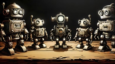 Team of robots styled as vintage toys poised atop an antique wooden table, AI generated