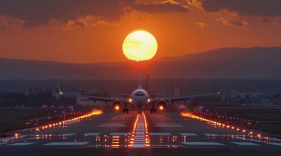 Plane landing at the airport with passengers and tourists returning from vacation, AI generated