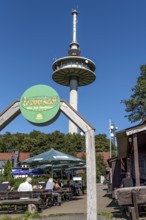 Telecommunications tower of Deutsche Telekom, transmission tower with antennas, kiosk, snack bar