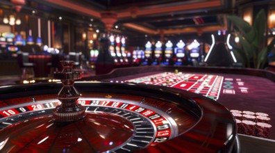 Casino roulette table waiting for and tourist to spend money, AI generated