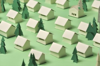 AI generated cluster of quaint paper houses arranged in a variety of tiny delicate architectures