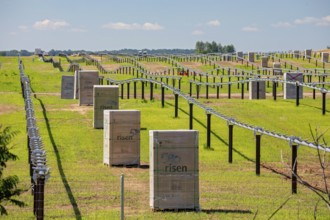 Albion, Michigan, Construction of a solar farm by AES Corporation. Boxes of solar panels from Risen