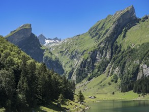 Lake Seealpsee, Alpstein mountain range near Wasserauen, peak of Mt. Säntis in the back, Appenzell,