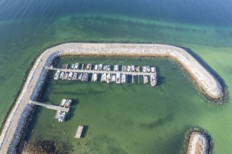 Aerial view of the marina at village Skaland, Senja island, Norway, Europe