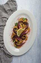 Octopus with potatoes and spices, on a light plate, top view, no people, homemade, close-up