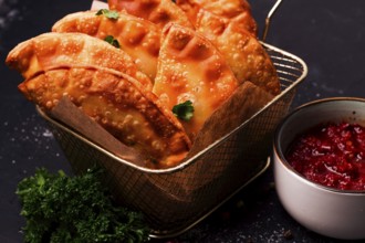 Fried mini pasties, with red sauce, top view, close-up, no people, selective focus