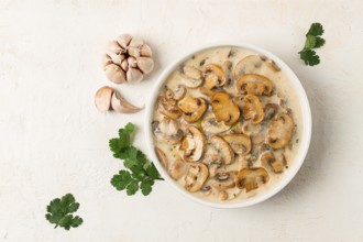 Champignons in creamy garlic sauce, with herbs and spices, gravy, sauce, no people