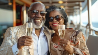 African american couple enjoying cocktails on the deck of a luxury cruise ship. generative AI, AI