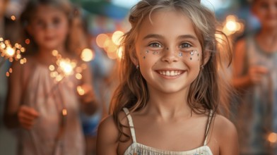 Cute children celebrating with fun sparklers. generative AI, AI generated