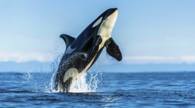 A large orca whale is leaping out of the water. Concept of animal conservation and grace, AI