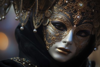 A person adorned in a richly detailed mask and costume, capturing the essence of the Venice