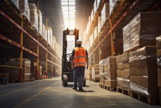 A worker in a reflective vest operates a forklift in a well-lit warehouse, navigating through