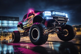 Monster truck illuminated by neon lights, excitement and thrill of an extreme sport and