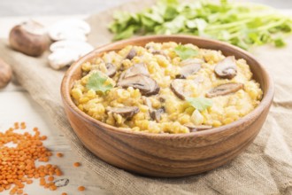 Lentils porridge with champignons and coriander in a wooden bowl on a white wooden background and