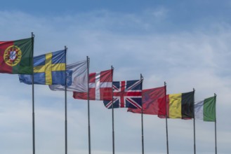 Hoisted European country flags, Sirmione, Lake Garda, Italy, Europe