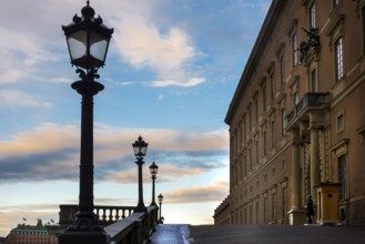 Silhouette of the royal palace in the evening sun, evening mood, guard, royal house, monarchy,