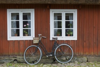 Old wooden window and bicycle, ladies bicycle, farmhouse, decoration, window, historic, old, old,