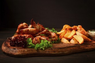 Fried chicken wings, with potatoes, and spices, homemade, fast food, no people