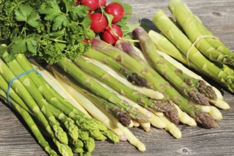 Green asparagus and white asparagus decorated on a rustic wooden table