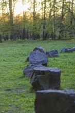 Old stones in the evening in the spring park