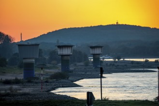 Rhine at Duisburg-Bruckhausen, towers of the water extraction facilities of ThyssenKrupp Steel