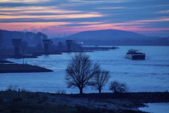 Rhine at Duisburg-Bruckhausen, towers of the water extraction facilities of ThyssenKrupp Steel