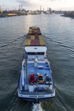 Container freighter, Amor Navi, cargo ship on the Rhine near Leverkusen, North Rhine-Westphalia,