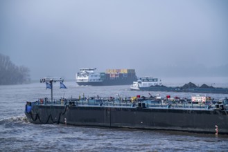 Dense fog, cargo ships on the Rhine near Düsseldorf, very low visibility, North Rhine-Westphalia,