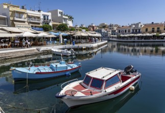 The village of Agios Nikolaos, in the eastern part of Crete, view over Lake Voulismeni, connected