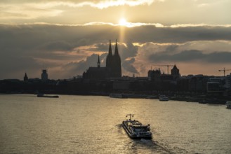 The Rhine near Cologne, sunset, Cologne Cathedral, cargo ship, North Rhine-Westphalia, Germany,