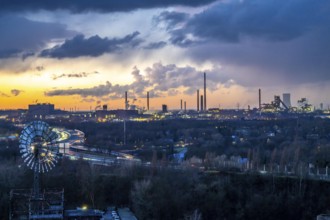 Skyline of the steel location Duisburg, Thyssenkrupp Steel Europe, in Duisburg-Bruckhausen, sunset,