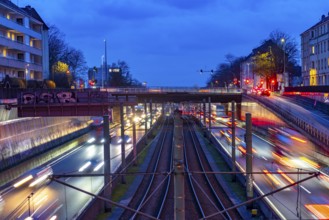 The Hausackerbrücke, inner-city road bridge over the A40 motorway and the U18 light rail line,