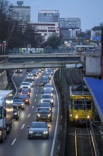 Motorway A40, city centre of Essen, underground line U18, many bridges, for vehicles and