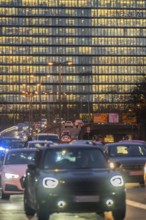 City centre traffic, Danziger Straße, B8, Düsseldorf, high-rise office building, evening traffic,